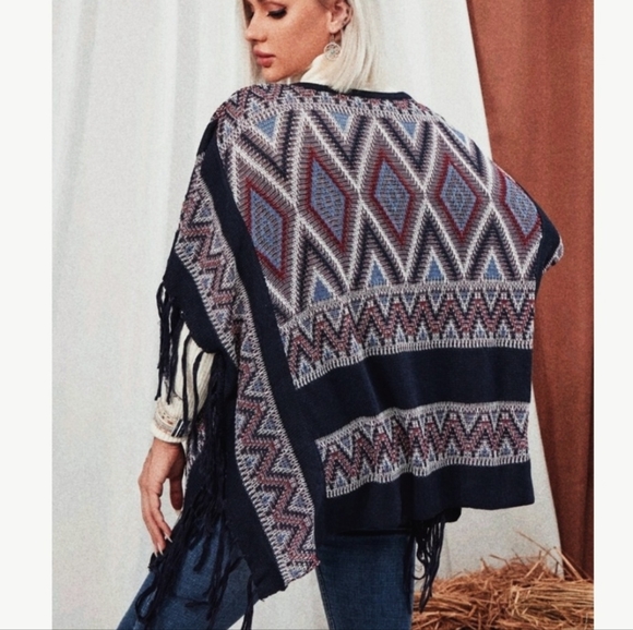 NEW Yellowstone Tribal Fringe Tassel Knit Poncho Sweater Cardigan Navy Blue - Picture 1 of 8